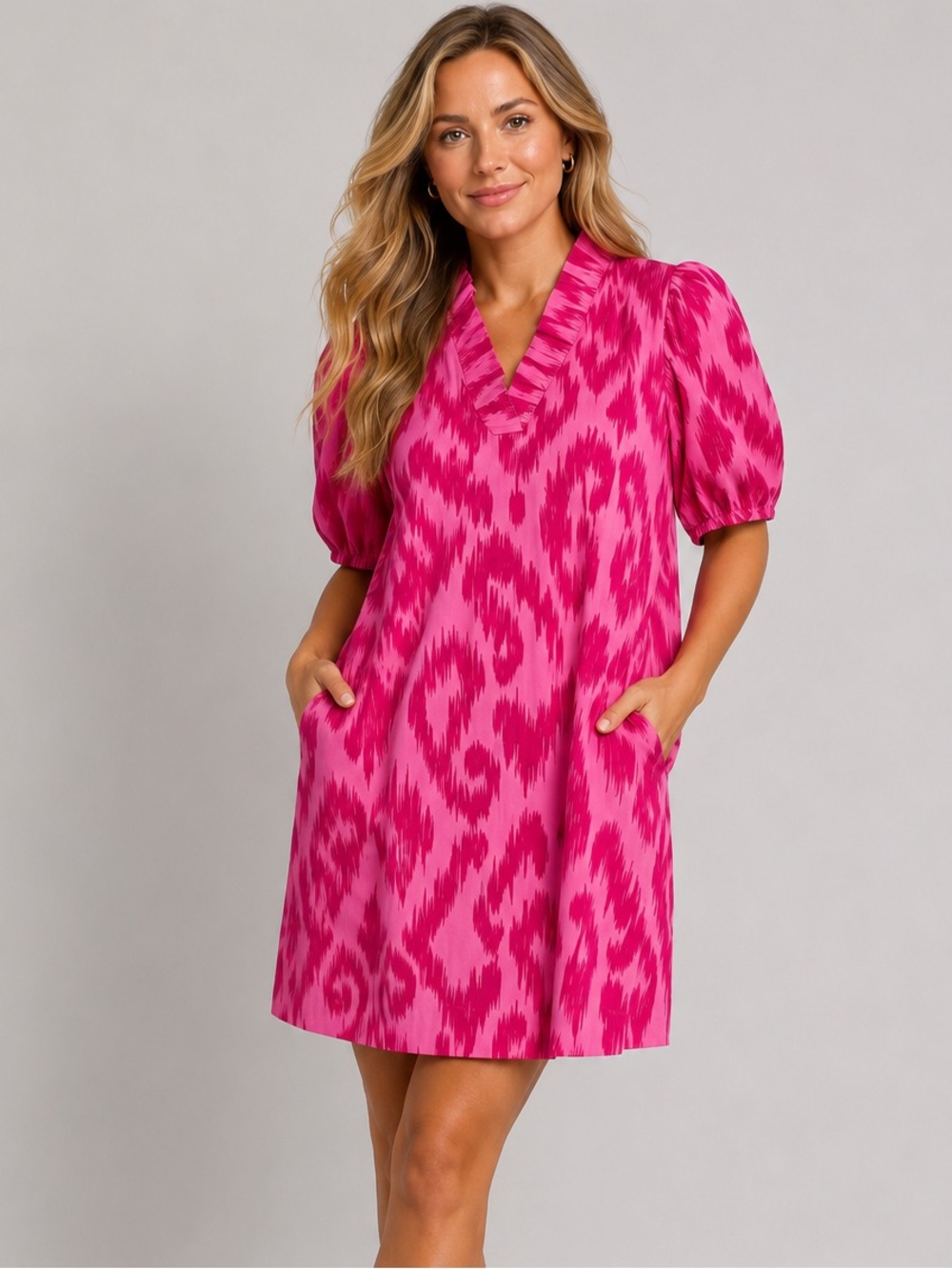 NWT Crown & Ivy Pink Ikat Puff Sleeve Shift Dress Ruffle Neck PXL